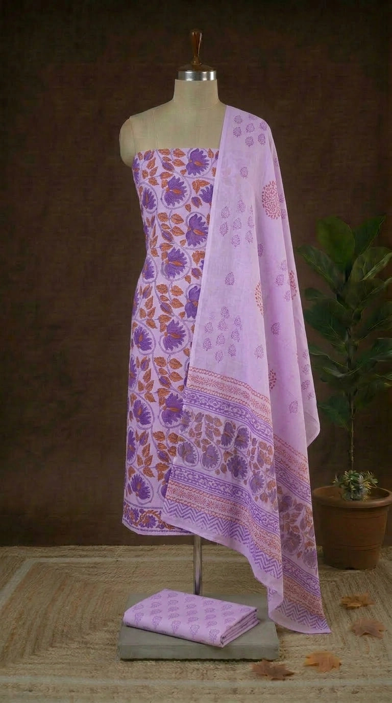 Lavender with Brown and Blue flower printed cotton dress material