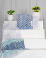 Baby Blue with Blue and Green flower printed cotton dress material 