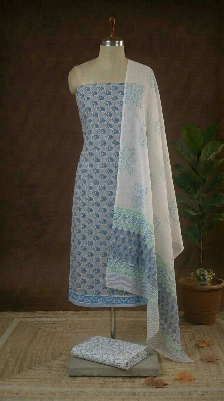 Baby Blue with Blue and Green flower printed cotton dress material 