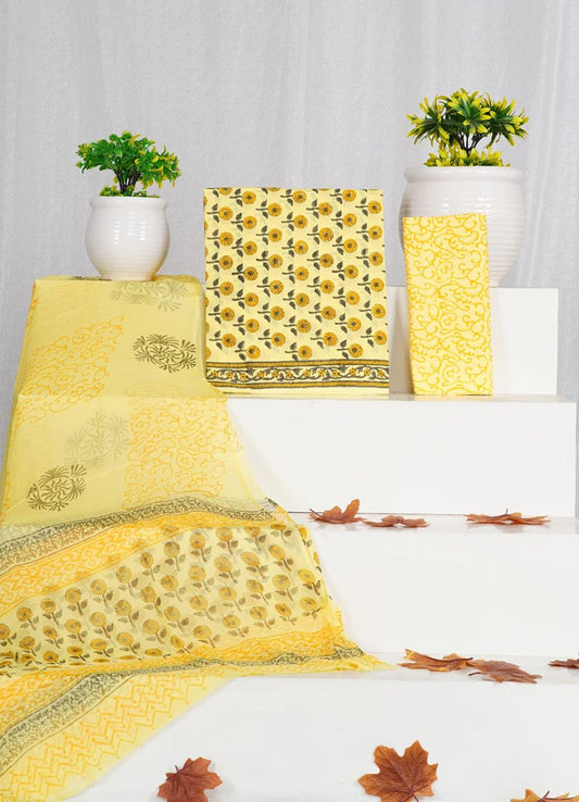 Light Yellow flower printed cotton dress material