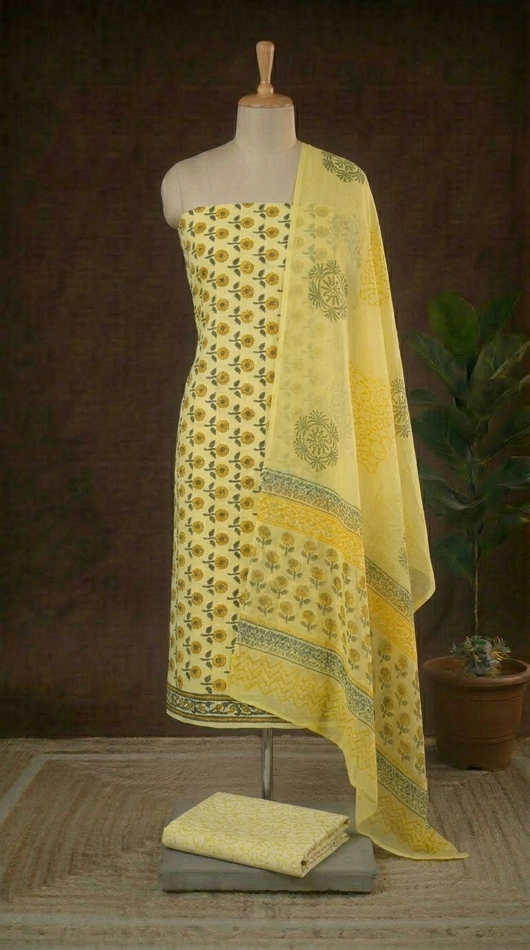 Light Yellow flower printed cotton dress material