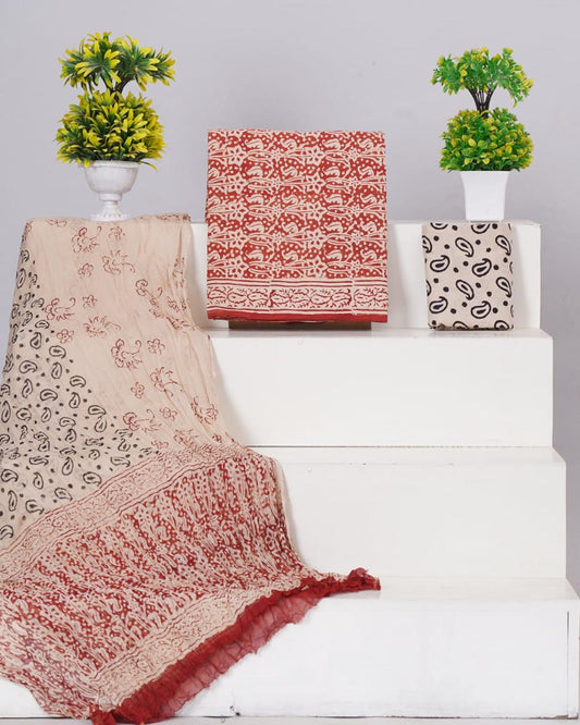 Brick Red with Beige printed cotton dress material