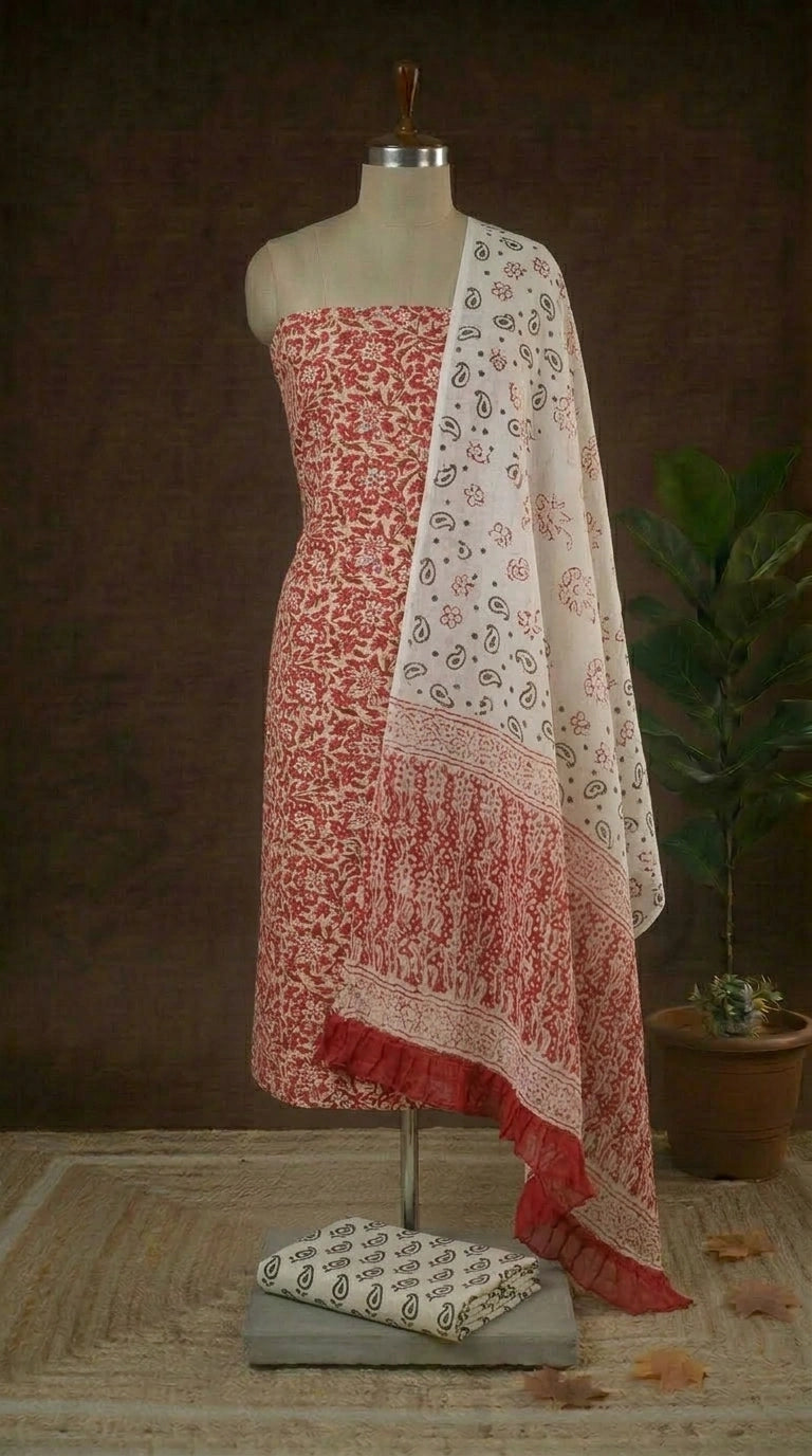Brick Red with Beige printed cotton dress material