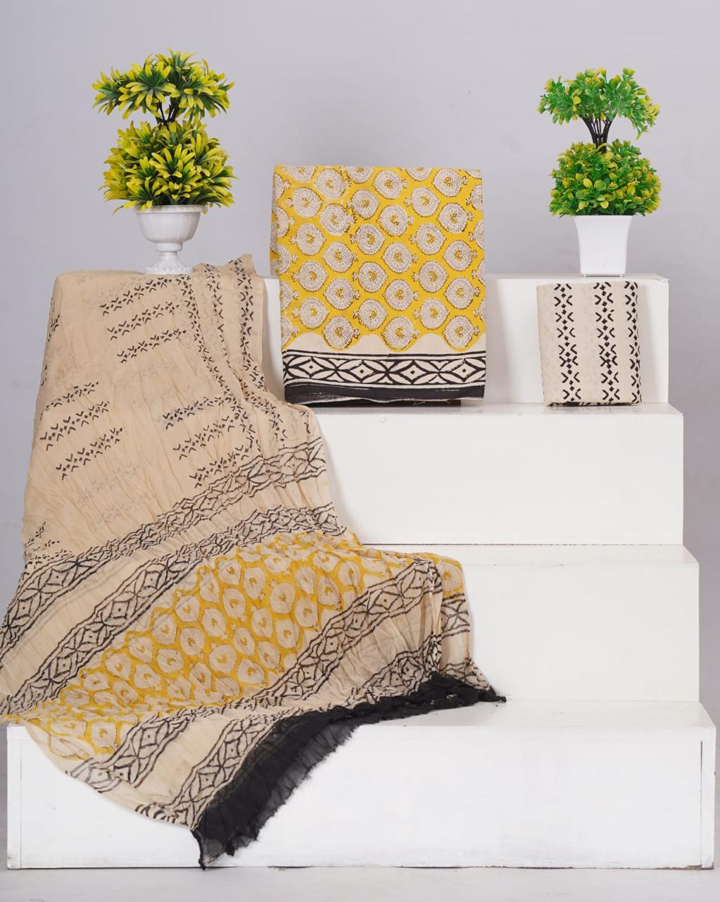 Yellow with Beige flower printed cotton dress material