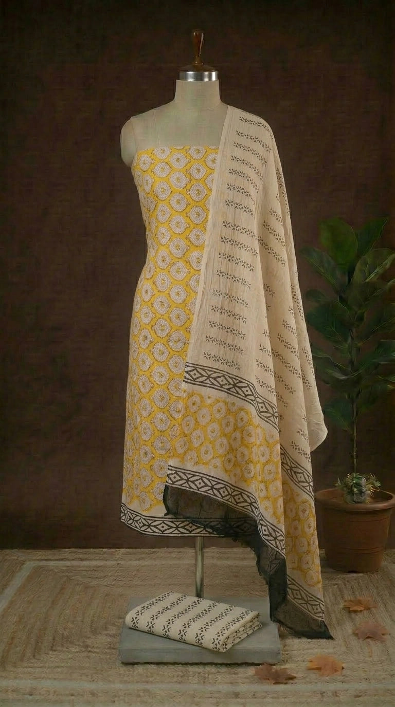 Yellow with Beige flower printed cotton dress material