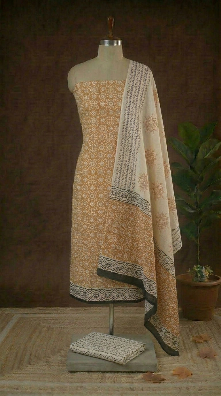Brown with Beige ajrakh printed cotton dress material