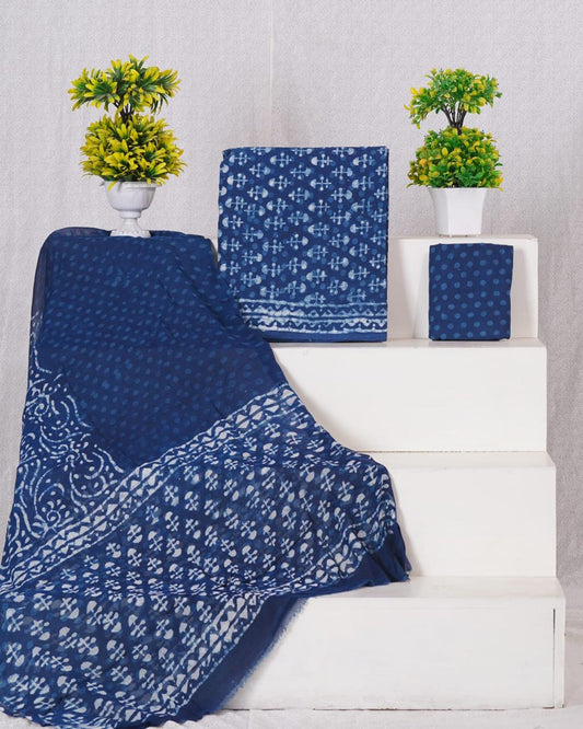 Indigo Blue with white flower printed cotton dress  material