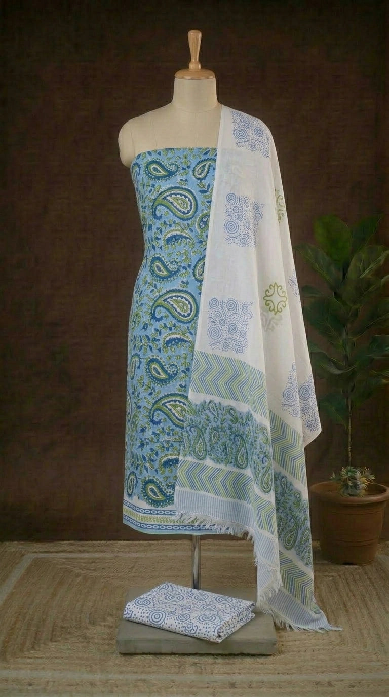 Sky Blue floral printed cotton dress material