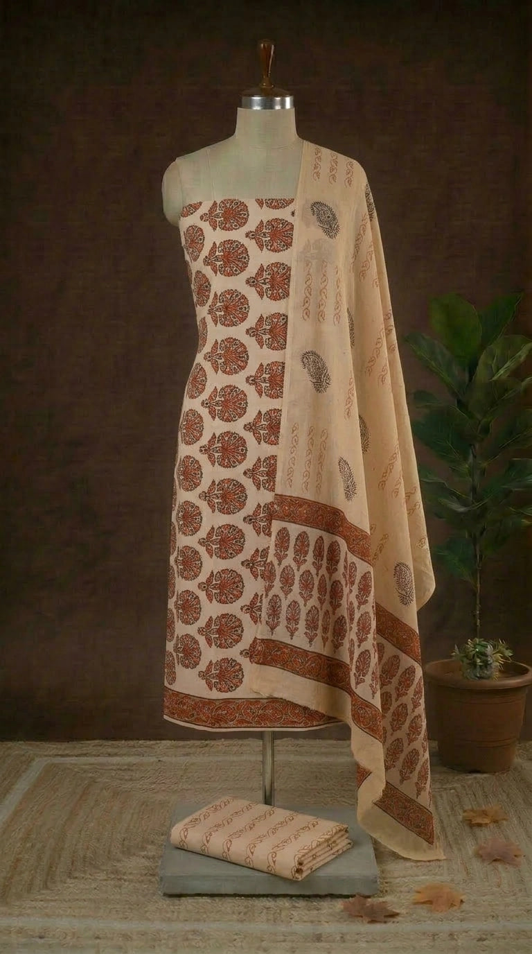 Beige flower printed cotton dress material