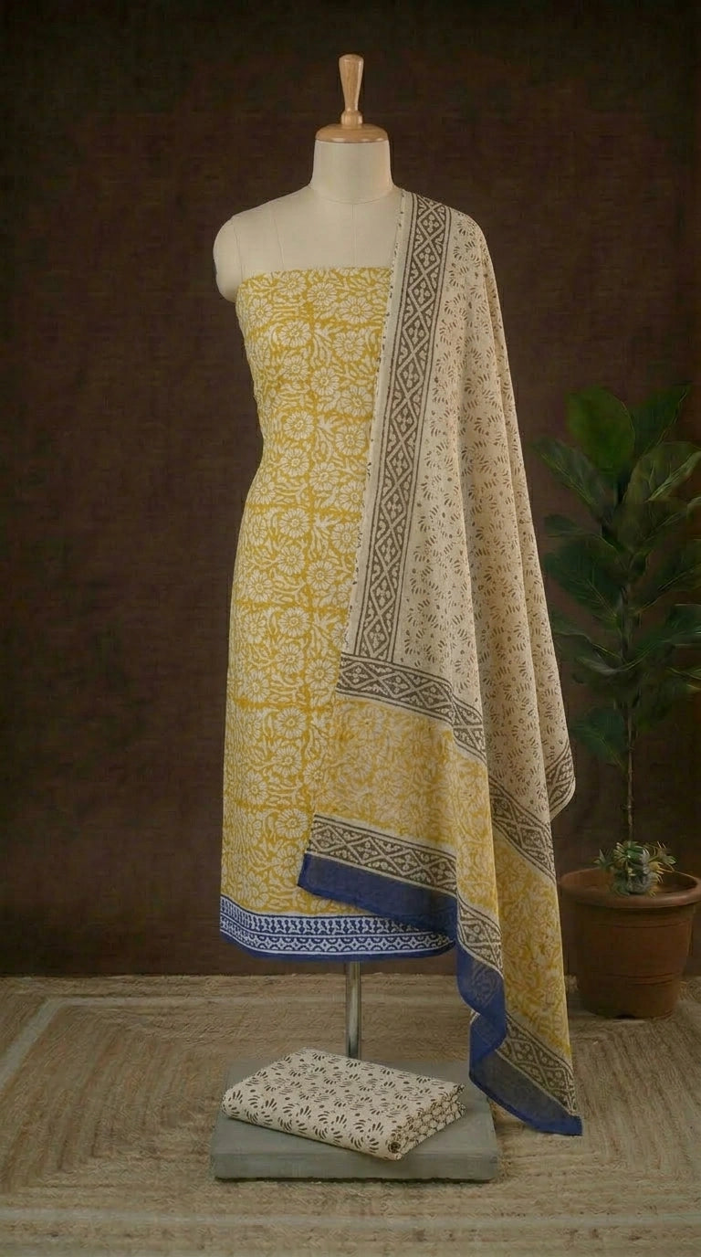 Mustard Yellow with Beige flower printed cotton dress material