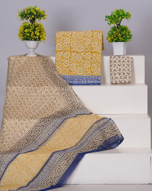 Mustard Yellow with Beige flower printed cotton dress material