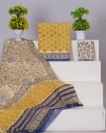 Yellow with Beige and Black flower printed cotton dress material