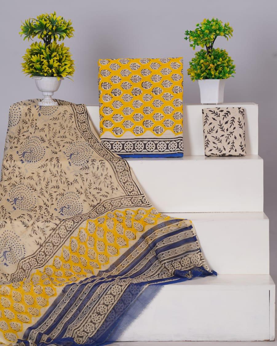 Yellow with Beige and Black flower printed cotton dress material