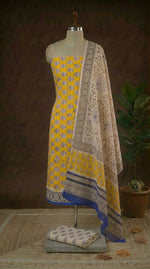 Yellow with Beige and Black flower printed cotton dress material
