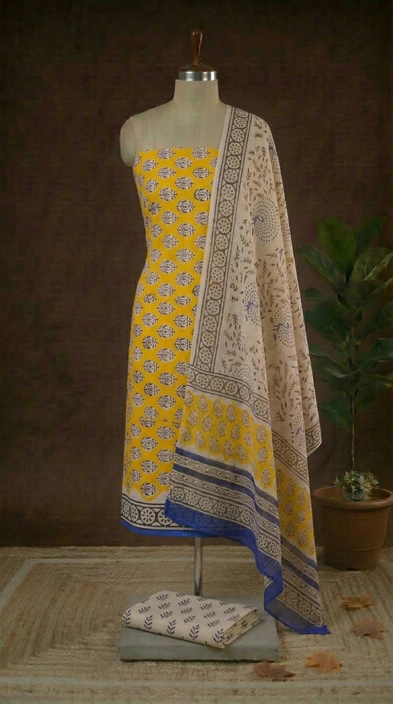 Yellow with Beige and Black flower printed cotton dress material
