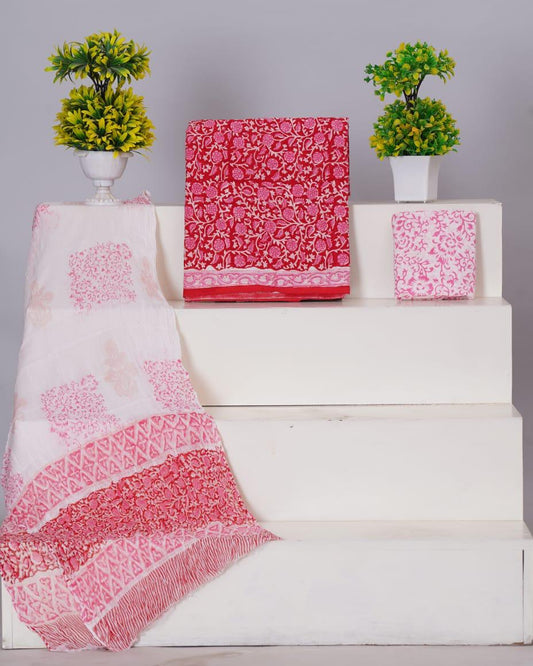 Dark Pink with beige flower printed cotton dress material