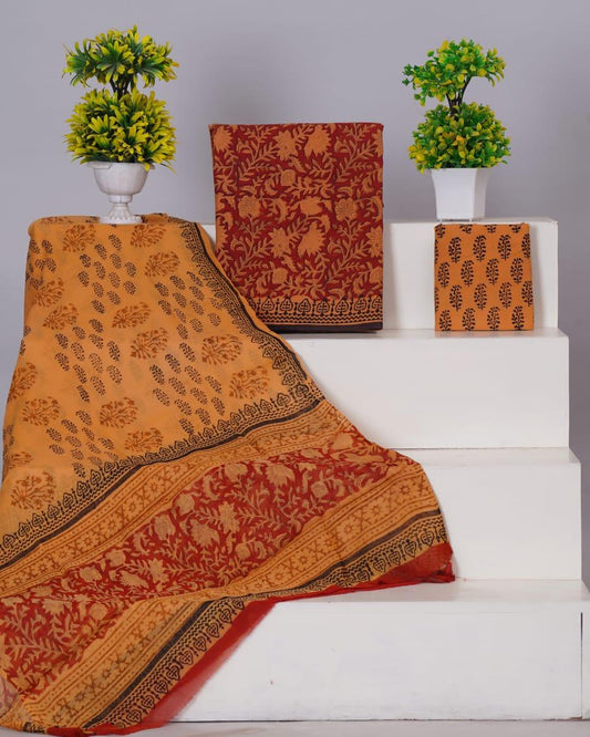 Red with Yellow flower printed cotton dress material