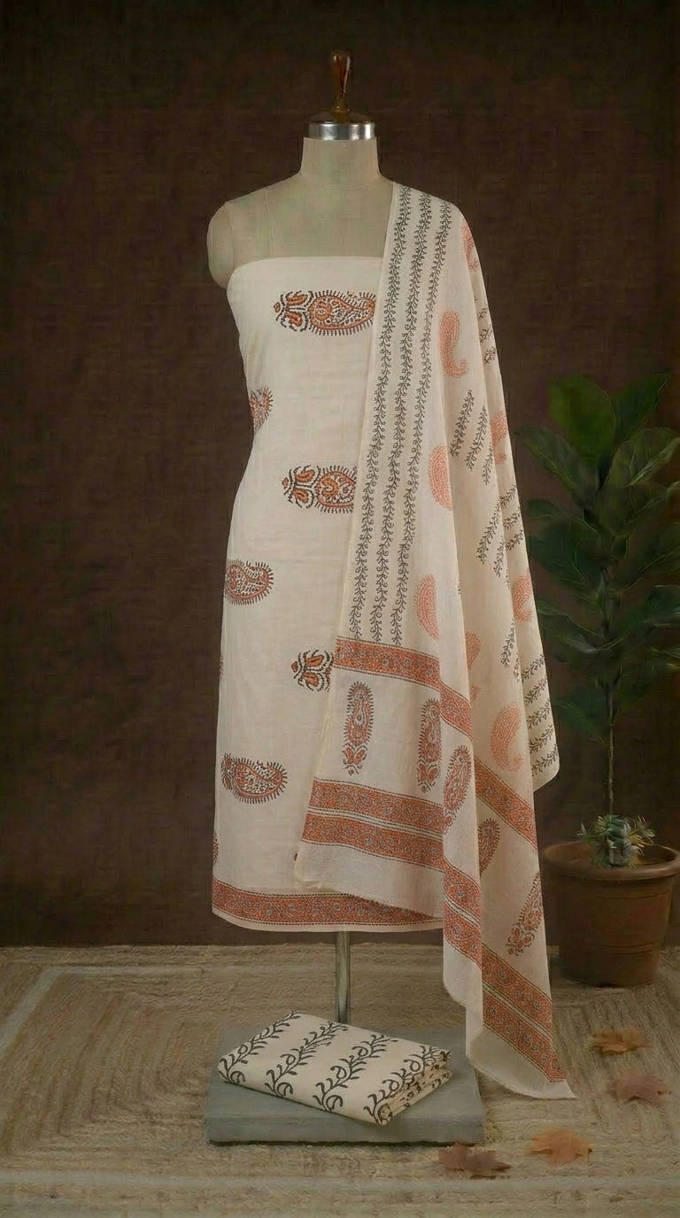 Cream with Red and Black paisley printed cotton dress material