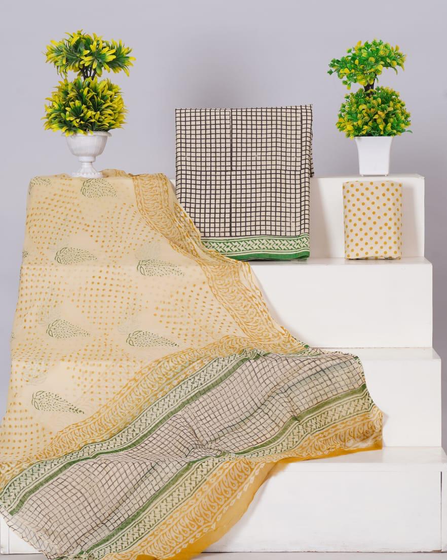 Beige and Black checked cotton  dress material