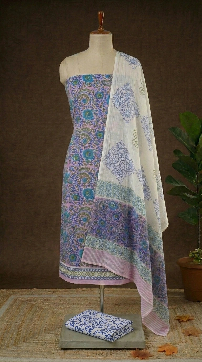 Lavender with Peacock Blue flower printed cotton dress material