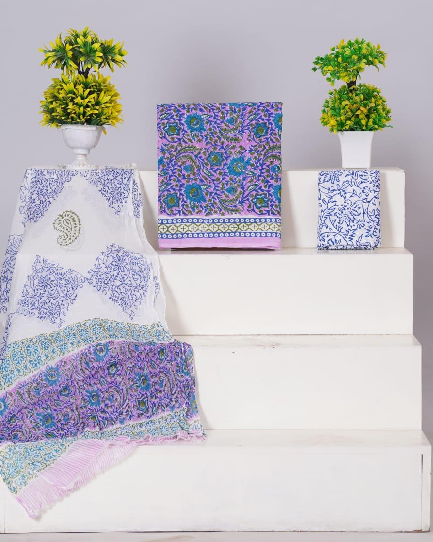 Lavender with Peacock Blue flower printed cotton dress material