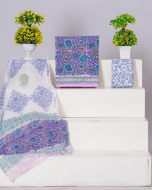 Lavender with Peacock Blue flower printed cotton dress material