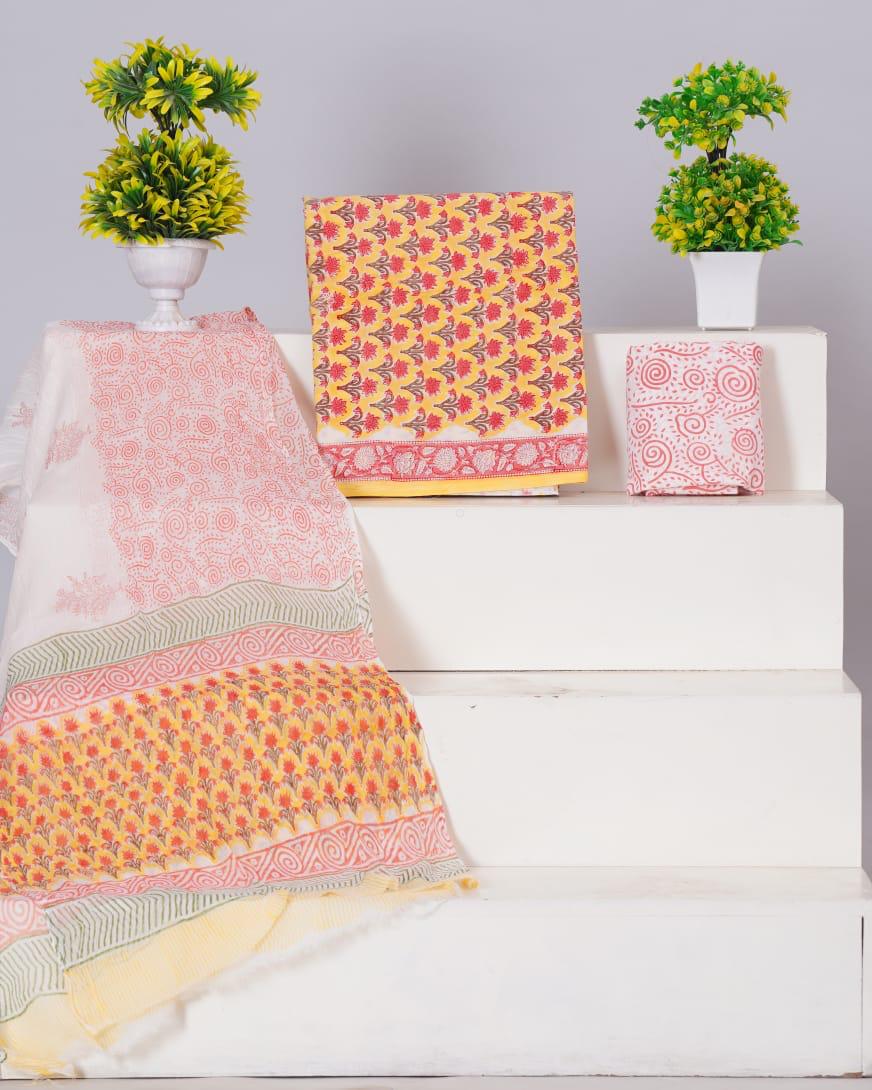 Mango Yellow Red Floral Printed Cotton Dress Material with Pink Printed Cotton Bottom