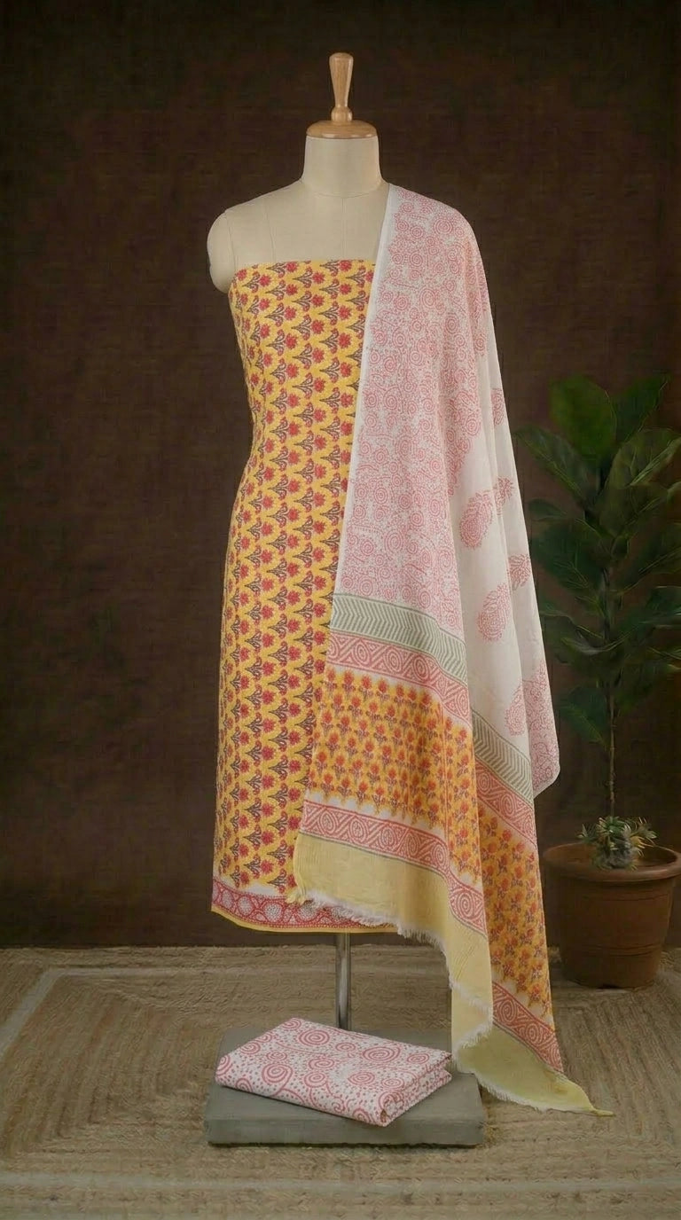 Mango Yellow Red Floral Printed Cotton Dress Material with Pink Printed Cotton Bottom