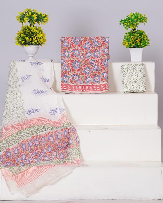 Sand Brown with blue and Pink flower printed cotton dress material