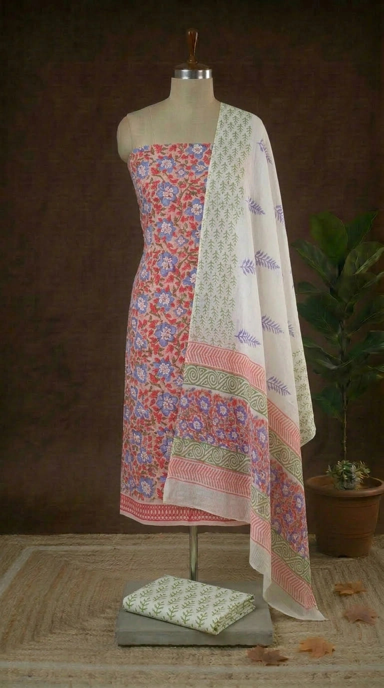 Sand Brown with blue and Pink flower printed cotton dress material