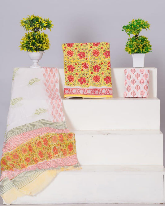 Mango Yellow flower printed cotton dress material