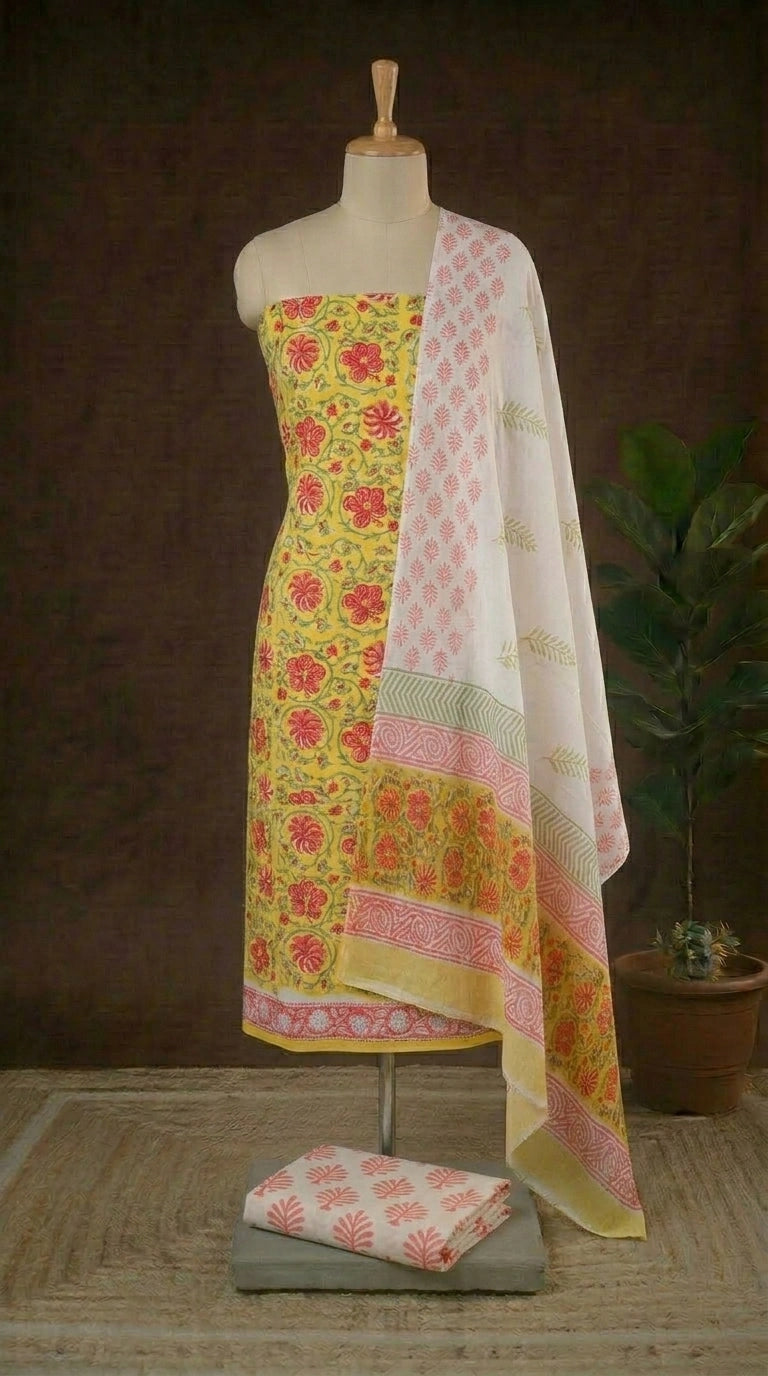 Mango Yellow flower printed cotton dress material