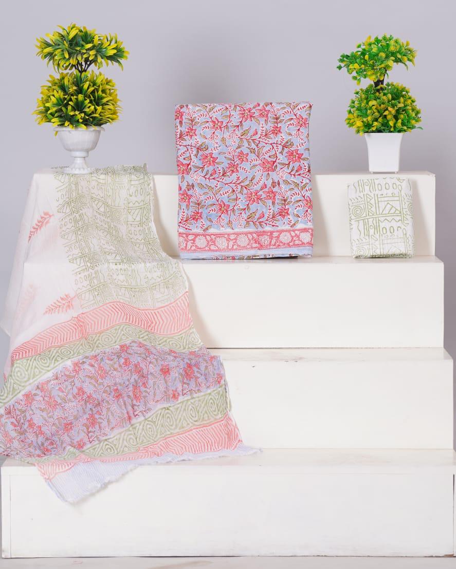 Baby Blue with Pink and white floral printed cotton dress material