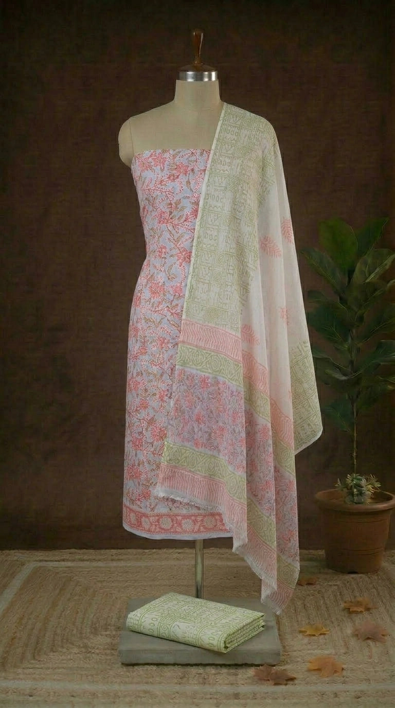 Baby Blue with Pink and white floral printed cotton dress material