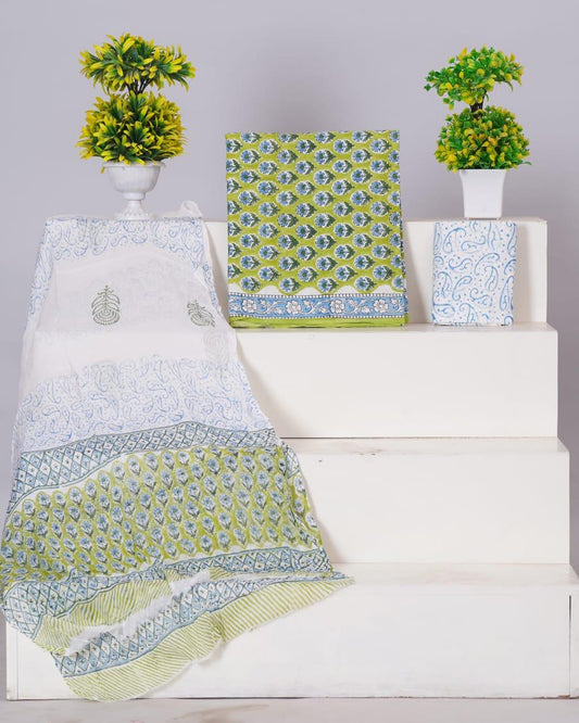 Olive Green flower printed cotton dress material