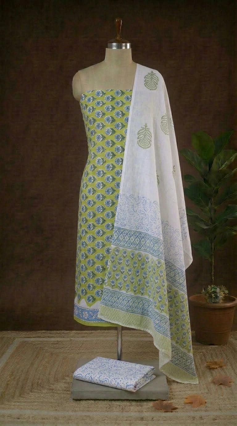 Olive Green flower printed cotton dress material