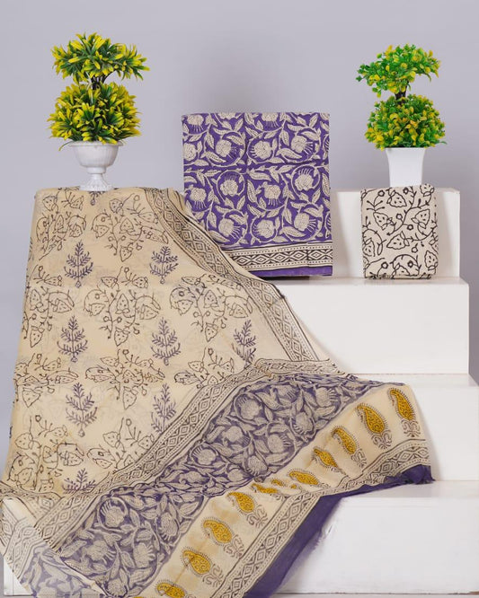 Ink Blue with Beige flower printed cotton dress material