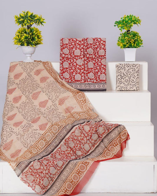 Red with Beige flower printed cotton dress material