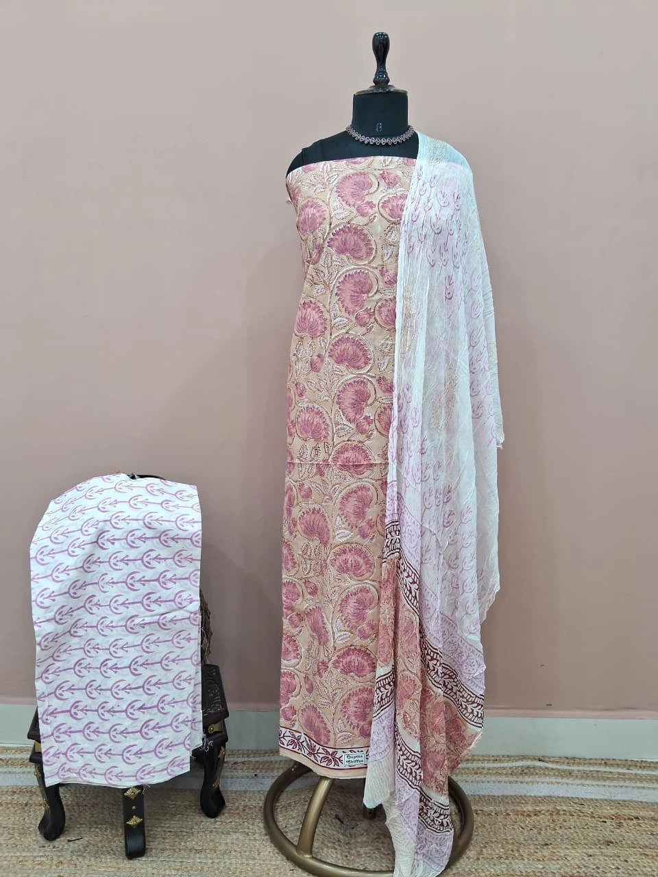 Beige Cotton Dress Material 