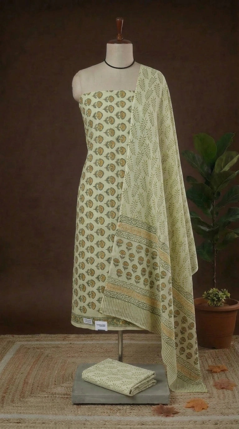 Pista Green Cotton Dress Material 