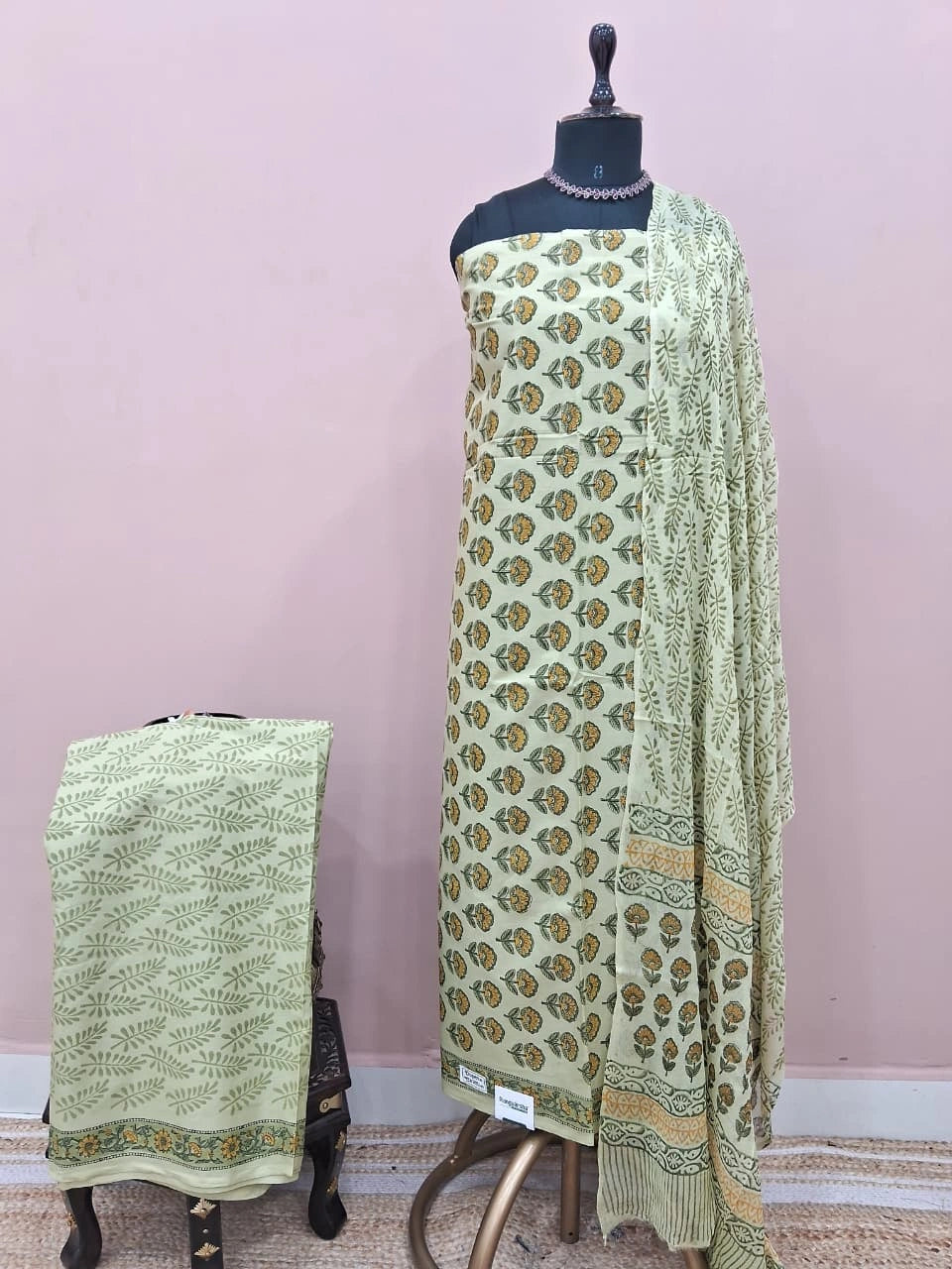 Pista Green Cotton Dress Material 