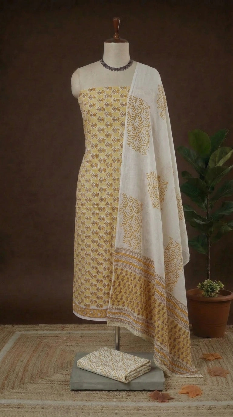 Light Yellow Cotton Dress Material 