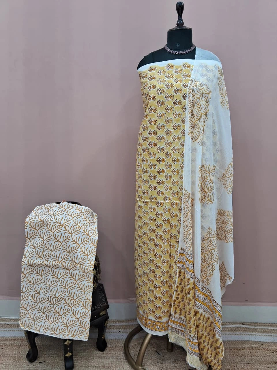 Light Yellow Cotton Dress Material 