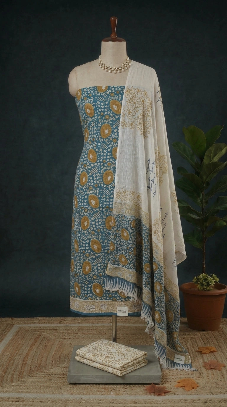 Marine Blue Cotton Dress Material 