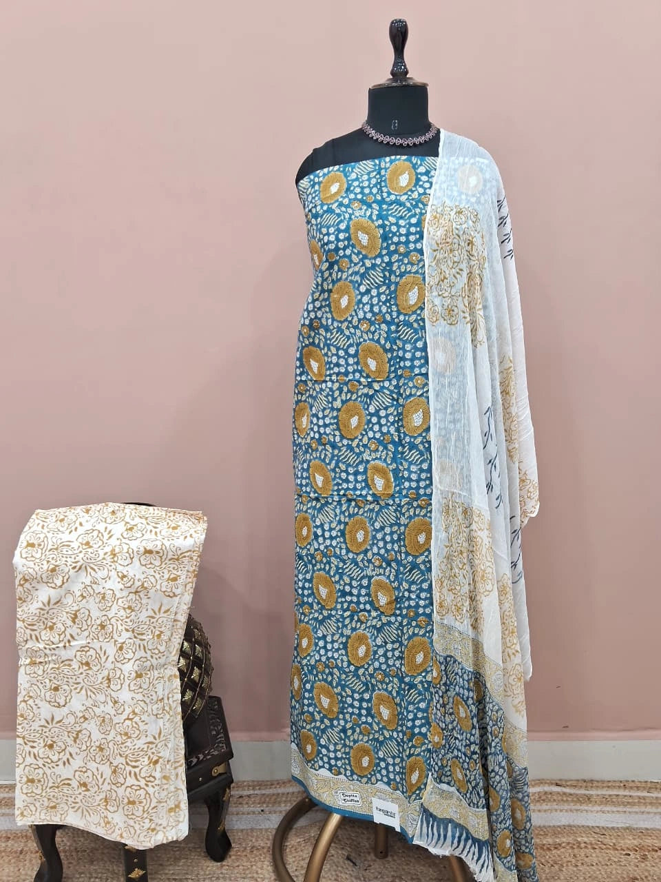 Marine Blue Cotton Dress Material 