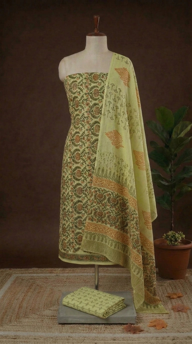 Pista Green Pure Cotton Dress Material 