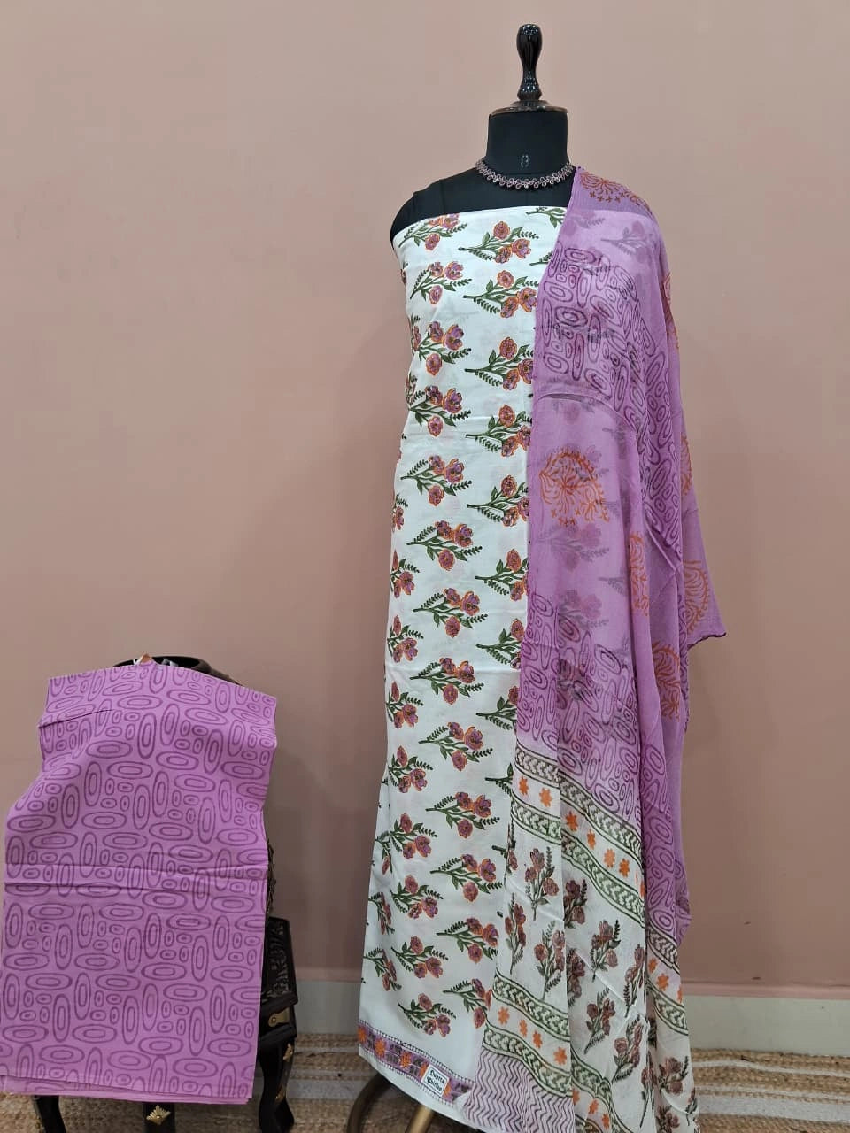 Traditional White Cotton Dress Material 