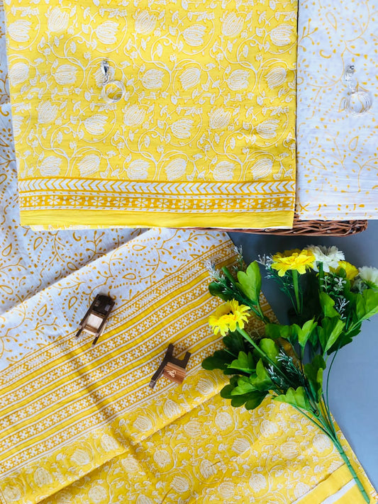 Yellow with White floral printed mulmul cotton printed top