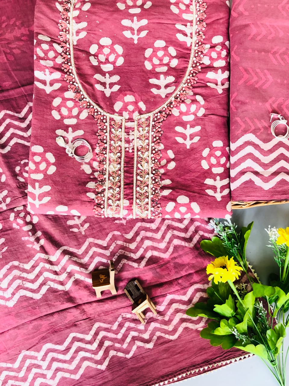 Wine coloured dabu printed mulmul cotton printed top