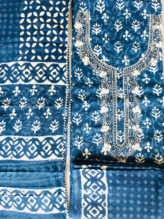 Indigo blue bagru printed mulmul cotton printed top